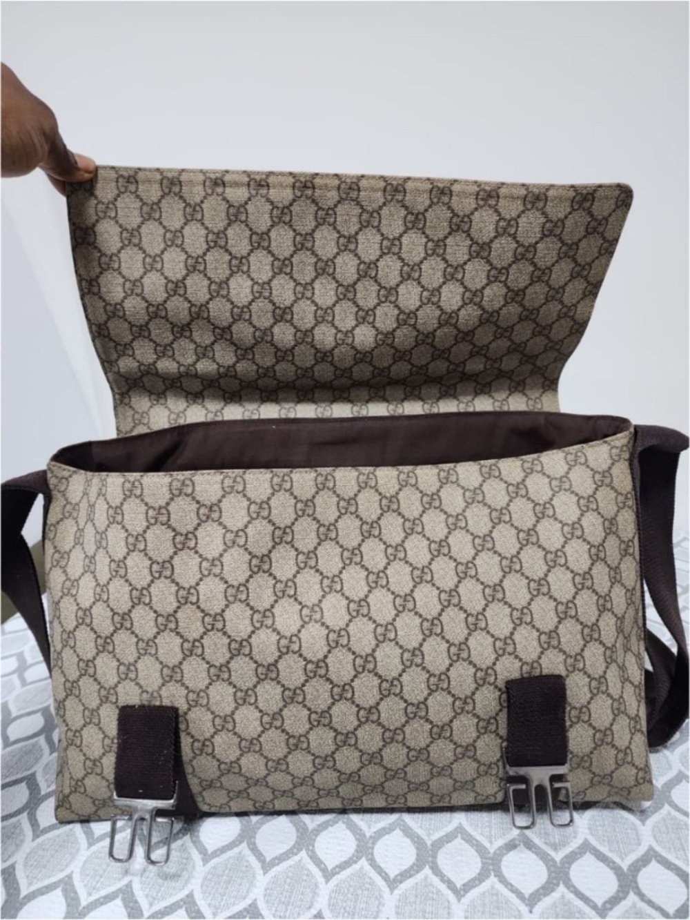 Authentic GUCCI GG Plus Monogram Double Buckle Flap Messenger Bag Beige/Brown - Picture 6 of 15